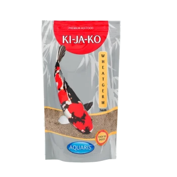 Premium Koi-Futterverpackung mit einem bunten Koi-Fisch, gekennzeichnet mit "KI-JA-KO WHEATGERM 3mm," mit "EASY TO DIGEST" hervorgehoben.