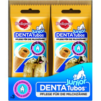 Pedigree Junior Denta Tubos Hundesnacks zur Pflege der Milchzähne, reich an Kalzium, mit Bild von zwei Welpen und Zahn-Icon.