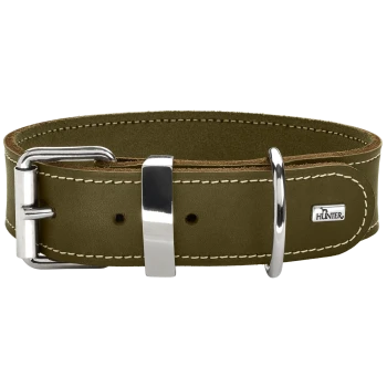 Olivengrüner Lederhundehalsband mit weißen Nähten, silberner Schnalle und einem kleinen "HUNTER"-Logoanhänger.