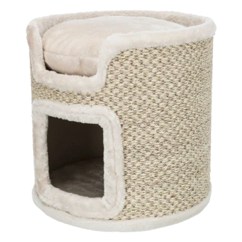 Gemütlicher beiger Haustierversteck mit einem weichen, plüschigen Oberkissen und einem Eingang, perfekt für kleine Haustiere zum Ausruhen und Spielen.