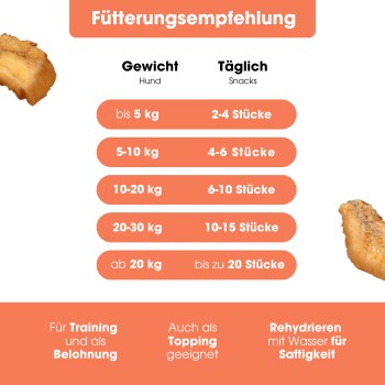 Ein klares Glas gefüllt mit Lachs-Hundeleckerlis, beschriftet mit "100% Lachs" und "86% Protein", mit einem hellorangefarbenen Hintergrund und Nährwertangaben.
