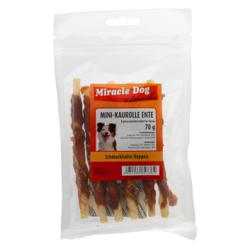 Miracle Dog Snacks Mini-Kaurolle Ente 70g Hundesnacks mit Ente und Rinderhaut in wiederverschließbarer Tüte.