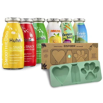 Mix 6x 250 ml + Eisform Bunte Haustiersnackflaschen mit den Aufschriften "Huhn," "Rind," "Lamm," "Immunio," "Gemüsebeet," und einer herzförmigen Silikon-Eisform.