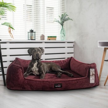 Ein gemütliches burgunderfarbenes Hundebett mit einem eleganten Design, auf dem ein Hund bequem liegt. Das Bett hat ein Etikett mit der Aufschrift 'tierlando'.