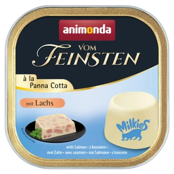 Eine Haustierfutterverpackung mit der Marke animonda, beschriftet "vom Feinsten à la Panna Cotta mit Lachs," mit einer Illustration eines lachsartigen Leckerli.