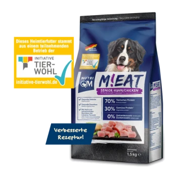 Tüte Nutri QM M!EAT Senior Hähnchen-Hundefutter mit einem Bild eines Berner Sennenhunds und deutschem Text über den Proteingehalt.