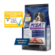 Tüte Nutri QM M!EAT Senior Hähnchen-Hundefutter mit einem Bild eines Berner Sennenhunds und deutschem Text über den Proteingehalt.