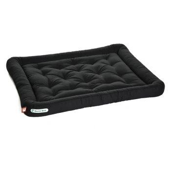 Schwarzes rechteckiges Haustierbett mit gepolstertem Design und erhöhten Rändern, mit einem "Doctor Bark"-Logo an der Seite.