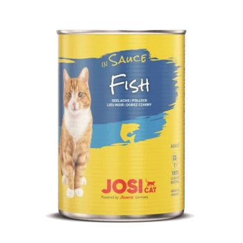 Eine Dose Katzenfutter mit einer Abbildung einer roten Katze auf dem Etikett, mit 'Fisch' und 'In Sauce' deutlich sichtbar. Markenname: JOSI CAT.
