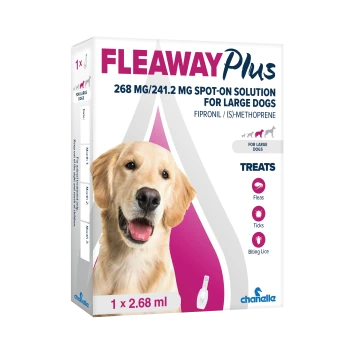 Fleaway Plus box: spot-on for large dogs (268/241.2 mg). Golden retriever photo. Treats fleas, ticks, lice. 1 x 2.68 ml