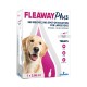Fleaway Plus box: spot-on for large dogs (268/241.2 mg). Golden retriever photo. Treats fleas, ticks, lice. 1 x 2.68 ml