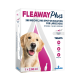 Fleaway Plus box: spot-on for large dogs (268/241.2 mg). Golden retriever photo. Treats fleas, ticks, lice. 1 x 2.68 ml