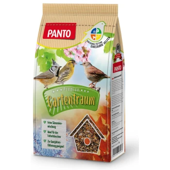 Panto Premium Gartentraum Vogelfutterbeutel mit bunten Vogelillustrationen und wichtigen Merkmalen in einem grünen Banner.