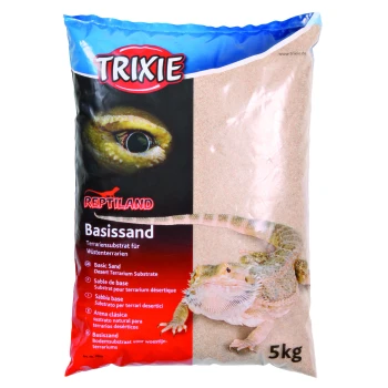 Ein 5 kg Sack Trixie Reptiland Basis Sand für Wüstenterrarien, mit einer Nahaufnahme einer Eidechse und einer Augengrafik, mit mehrsprachigem Text.