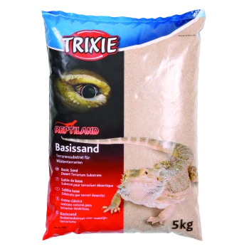Ein 5 kg Sack Trixie Reptiland Basis Sand für Wüstenterrarien, mit einer Nahaufnahme einer Eidechse und einer Augengrafik, mit mehrsprachigem Text.