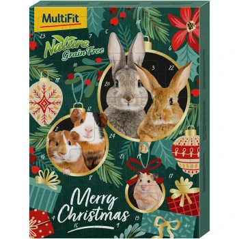 Świąteczny kalendarz adwentowy dla zwierząt z królikami, świnkami morskimi i chomikiem, ozdobiony napisem "Wesołych Świąt" i dekoracjami świątecznymi.