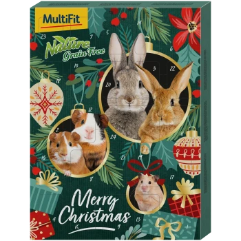 Ein festlicher Haustier-Adventskalender mit Kaninchen, Meerschweinchen und einem Hamster, geschmückt mit "Frohe Weihnachten" und Feiertagsdekorationen.