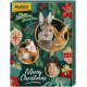 Ein festlicher Haustier-Adventskalender mit Kaninchen, Meerschweinchen und einem Hamster, geschmückt mit "Frohe Weihnachten" und Feiertagsdekorationen.