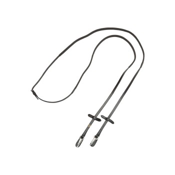 Schwarze Leder-Hundeleine mit zwei Clips und gepolsterten Griffen, flach auf einem weißen Hintergrund ausgelegt.