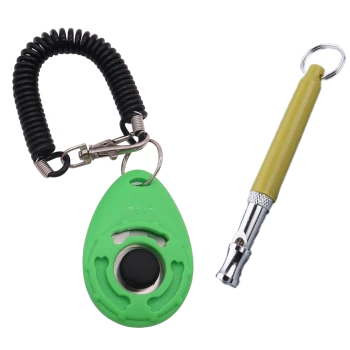 Grüner Silikon-Hundetraining-Klicker mit einem schwarzen spiralförmigen Riemen und einer gelben Pfeife, ideal für das Training von Haustieren.