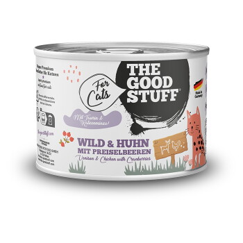 Dose Katzenfutter mit Aufschrift 'THE GOOD STUFF' und 'WILD & HUHN MIT PREISELBEEREN' (Wild & Huhn mit Preiselbeeren).