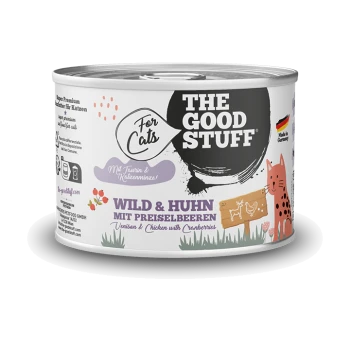 Dose Katzenfutter mit Aufschrift 'THE GOOD STUFF' und 'WILD & HUHN MIT PREISELBEEREN' (Wild & Huhn mit Preiselbeeren).