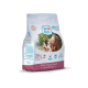 Swiss Natural Junior Mini Hundefuttertüte, 1 kg, 72 % Huhn, Foto einer Person, die einen Welpen hält; Slogan ‚Riech es. Probier es. Lieb es!‘