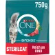 Verpackung von Purina ONE Bifensis Katzenfutter mit einer grauen getigerten Katze, 750 g Größe, beschriftet mit 'STERILCAT' und 'Reich an RIND ALS ZUTAT NR. 1.'