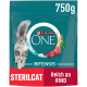 Verpackung von Purina ONE Bifensis Katzenfutter mit einer grauen getigerten Katze, 750 g Größe, beschriftet mit 'STERILCAT' und 'Reich an RIND ALS ZUTAT NR. 1.'