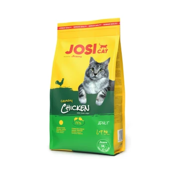 JosiCat Crunchy Chicken Katzenfutterbeutel für erwachsene Katzen, 1,9 kg, mit einem Bild einer grauen getigerten Katze und dem Text "German Quality."