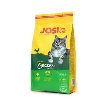 JosiCat Crunchy Chicken Katzenfutterbeutel für erwachsene Katzen, 1,9 kg, mit einem Bild einer grauen getigerten Katze und dem Text "German Quality."