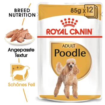 Royal Canin Adult Pudel Hundefutterverpackung, mit einem Bild eines Pudels, mit Text, der die Rassenernährung und Textur hervorhebt.