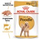 Royal Canin Adult Pudel Hundefutterverpackung, mit einem Bild eines Pudels, mit Text, der die Rassenernährung und Textur hervorhebt.