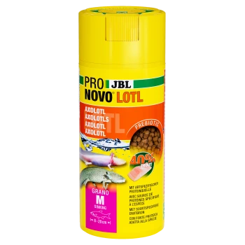 Gelber JBL Pro Novo Lotl Futterbehälter für Axolotl, der 40% Forelle und präbiotische Inhaltsstoffe mit Axolotl-Bildern zeigt.