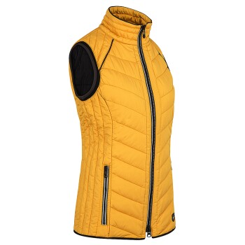 Eine ärmellose, leuchtend gelbe Steppweste mit hohem Kragen und schwarzen Akzenten, mit zwei seitlichen Reißverschlusstaschen.