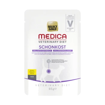 Beutel von Select Gold Medica Veterinary Diet Schonkost, 85g, mit einer Silhouette einer weißen Katze, mit Text, der diätetische Vorteile und Zutaten hervorhebt.