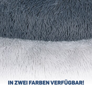 Flauschiges Haustierbett in Grau und Weiß, mit dem Text "IN ZWEI FARBEN VERFÜGBAR!" der die Verfügbarkeit in zwei Farben anzeigt.