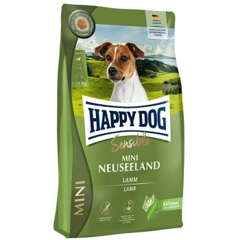 Happy Dog Sensible Mini Neuseeland Hundefutterbeutel, mit einem grünen Design, beschriftet mit "Lamm" und geeignet für Hunde unter 10 kg.