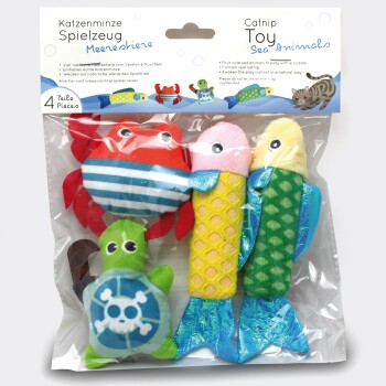 Buntes Katzenminze-Spielzeugset mit vier Plüschspielzeugen in Form von Meerestieren: einem gestreiften Krebs, einer Schildkröte und zwei Fischen in Pink und Grün.