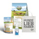 Bellfor Haustierprodukte: Hundefutterbeutel, Nierenstärkepulver, Tropfflasche und Tragetasche mit "HUNDE LIEB HABER."