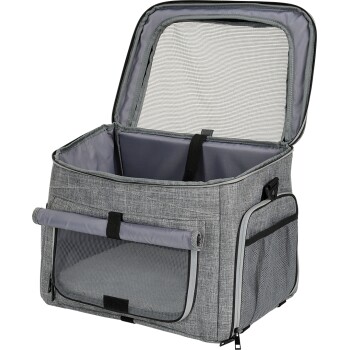 Szara torba transportowa dla zwierząt z siatkowym przodem, otwartym wierzchem i wewnętrzną przegrodą, zaprojektowana do transportu małych zwierząt.