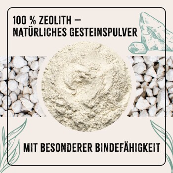 100% Zeolith - natürliches Gesteinspulver mit besonderer Bindefähigkeit, mit einer strukturierten Pulversubstanz und kleinen weißen Steinen.