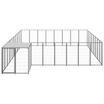 Großer schwarzer Metall-Draht-Tierauslauf mit einem abgedeckten Bereich an einem Ende, für den Außenbereich konzipiert.