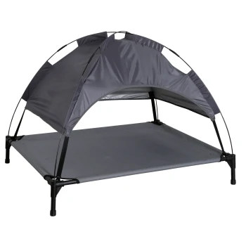 Grau Haustierbett mit einem Baldachin, ausgestattet mit einem stabilen Rahmen und einer flachen Schlafoberfläche, ideal für den Einsatz im Freien.