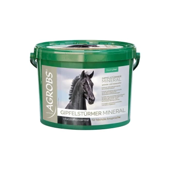 Grüner Eimer mit Agrob's Gipfelstürmer Mineral für Pferde, mit einem schwarzen Pferd auf dem Etikett und Text über optimale Ernährung.