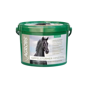 Grüner Eimer mit Agrob's Gipfelstürmer Mineral für Pferde, mit einem schwarzen Pferd auf dem Etikett und Text über optimale Ernährung.