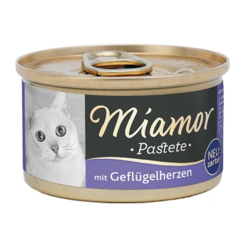 Dose Katzenfutter mit der Aufschrift "Miamor Pastete mit Geflügelherzen", mit dem Gesicht einer weißen Katze an der Seite und dem Text "NEU: zarter".