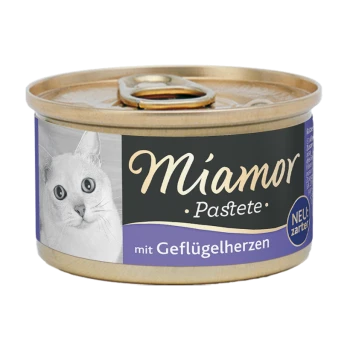 Dose Katzenfutter mit der Aufschrift "Miamor Pastete mit Geflügelherzen", mit dem Gesicht einer weißen Katze an der Seite und dem Text "NEU: zarter".