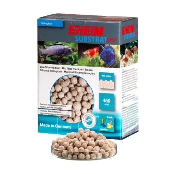 EHEIM SUBSTRATpro biologische Filtermediumverpackung mit klarem Blick auf runde Filterbälle, mit Text in mehreren Sprachen und Bildern von Fischen.
