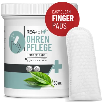 Behälter mit REAVET+ Ohrpflege-Pads mit Aloe Vera, beschriftet mit 'OHREN PFLEGE', mit Bildern von Aloe-Blättern und Symbolen für Hunde und Katzen.